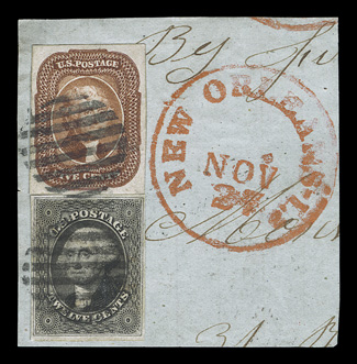 12, 17, 5c Red Brown, Ty. I and 12c Black, premium quality singles of each, the former with lavishly large balanced margins all around, latter with large even margins all
around, tied to piece by open grid cancels, with red New OrleansNov 24