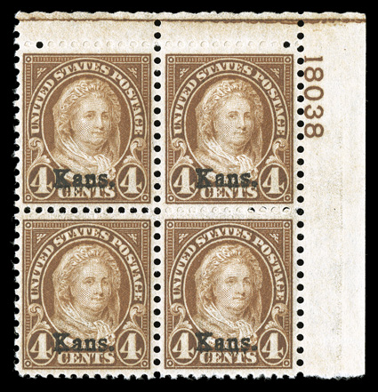 662, 4c Kans. ovpt., a highly select top right corner margin plate no. 18038 block of four, sumptuously rich color, incredibly well centered, post office fresh and intact,
immaculate o.g., n.h., extremely fine rarely encountered this choice.