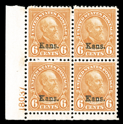 664, 6c Kans. ovpt., bottom left corner margin plate no. 18037 block of four, intense color on fresh white paper, strong and intact, unusually well centered for this difficult
value, o.g., n.h., choice very fine.