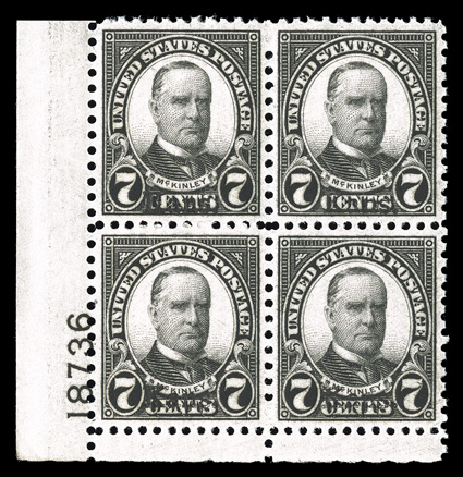 665, 7c Kans. ovpt., a premium quality bottom left corner margin plate no. 18736 block of four, incredibly well centered, especially for this scarce and difficult value, with
each stamp being precisely centered within balanced margins, post of