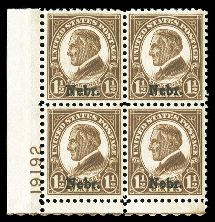 670, 1 12c Nebr. ovpt., a matchless quality bottom left corner margin plate no. 19192 block of four, possessing mathematically precise centering and each stamp with
uncharacteristically large margins, deep rich color, pristine o.g., n.h., an