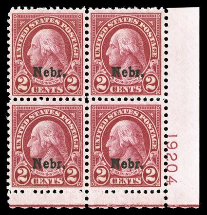 671, 2c Nebr. ovpt., select bottom right corner margin plate no. 19204 block of four, wonderfully well centered, rich color on fresh paper, o.g., n.h., extremely
fine.