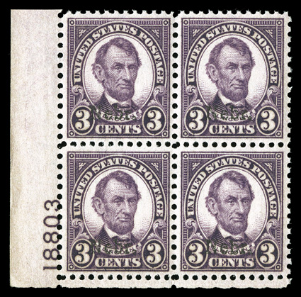 672, 3c Nebr. ovpt., appealing bottom left corner margin plate no. 18803 block of four, wonderfully well centered for this difficult issue, rich color on fresh paper, crisp and
intact, pristine o.g., n.h., extremely fine.