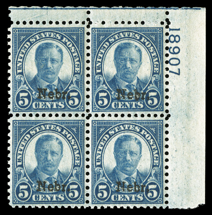 674, 5c Nebr. ovpt., top right corner margin plate no. 18907 block of four, unusually well centered, deep rich shade, intact perforations all around, o.g., n.h., extremely fine
as nice a plate block as can be found ex-Gray.
