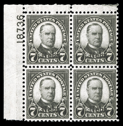 676, 7c Nebr. ovpt., a select quality top left corner plate no. 18736 block of four, in a condition seldom encountered on this difficult issue, being extraordinarily well
centered, intense color, o.g., n.h., extremely fine and choice 1995 PF