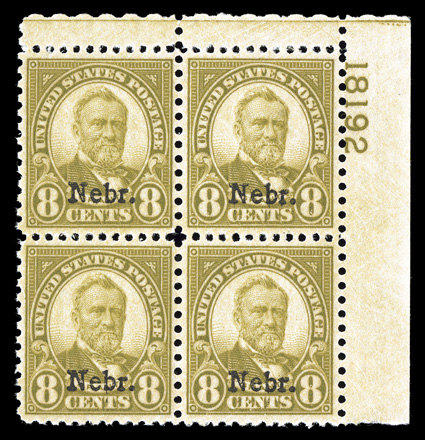 677, 8c Nebr. ovpt., a matchless quality top right corner margin plate no. 18192 block of four, boasting essentially perfect centering, plus its color is especially rich,
immaculate o.g., n.h., extremely fine a plate block for the most fastid