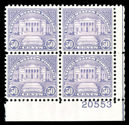 692-701, 11c-50c 1931 Rotary Press issue cplt., an exceptionally choice and unusually well matched set of corner margin plate number blocks of four, each having been carefully
selected for its outstanding centering and margins, brilliantly fresh