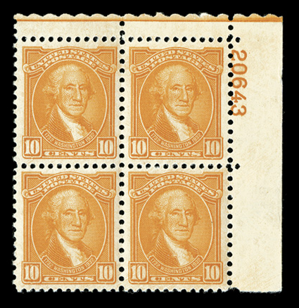 704-15, ½c-10c Washington Bicentennial cplt., a gorgeous set of plate no. blocks of four, each having been carefully selected for its outstanding centering, margins color and
freshness, crisp and intact o.g., n.h., uniformly extremely fine as n