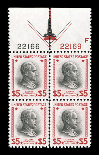 803-34, ½c-$5.00 Presidentials cplt., a highly select set of plate no. blocks of four, each having been carefully chosen for its phenomenal centering, o.g., n.h., uniformly
extremely fine and choice the nicest set of Presidential issue plate bl