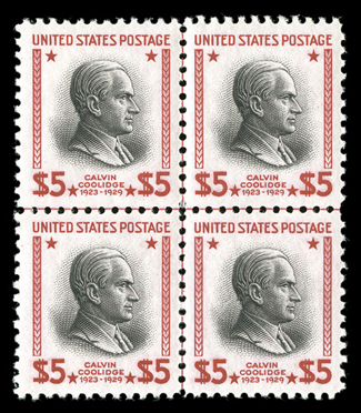 832-34, $1.00-$5.00 Presidentials, an especially choice set of center line blocks of four, each precisely centered within large balanced margins, o.g., n.h., extremely
fine.