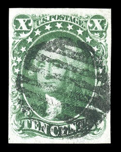 13, 10c Green, Ty. I, four large and balanced margins, strong rich color and a sharp impression, central black grid cancel, choice very fine 1983 PF certificate.