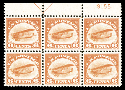 C1, 6c Orange, an especially attractive full top margin arrow and plate no. 9155 block of six, extraordinarily well centered throughout, bright vibrant color, o.g., lightly
hinged on the top center stamp only, the others n.h., extremely fine.