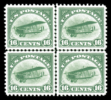 C2, 16c Green, an incredibly choice center line block of four, with each stamp being flawlessly centered within balanced margins, rich verdant color on fresh white paper,
pristine o.g., n.h., extremely fine.