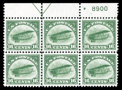 C2, 16c Green, an incredibly choice full top margin arrow and plate no. 8900 block of six, being in a quality that is seldom encountered, extraordinarily well centered
throughout, with each stamp being beautifully centered amid large balanced ma