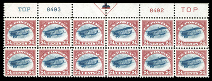 C3, 24c Carmine rose and blue, full top margin arrow, two TOP and plate nos. 8493, 8492 block of twelve, bright fresh colors, well centered overall, o.g., lightly hinged in the
top center pair, other stamps are n.h., lacking most of the gum be