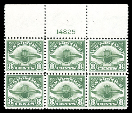 C4, 8c Dark green, full top margin plate no. 14825 block of six, particularly well centered, post office fresh and intact, o.g., n.h., extremely fine
ex-Salzman.