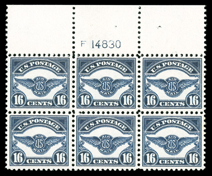 C5, 16c Dark blue, handsome full top margin plate no. 14830 block of six, wonderfully well centered, deep rich color, strong and intact perforations all around, o.g., top
center stamp with barest trace of hinging, the others all n.h., extremely