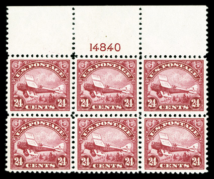 C6, 24c Carmine, full top margin plate no. 14840 block of six, incredibly well centered and exceedingly fresh, with gorgeous intense color on immaculate paper, o.g., very
lightly hinged in the selvage only, the stamps all n.h., extremely fine.