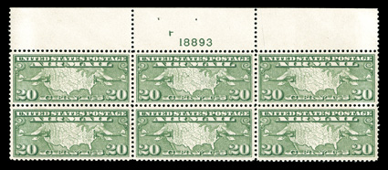 C7-9, 10c-20c Maps cplt., very select and well matched set of full top margin plate no. blocks of six, each with outstanding centering throughout, post office fresh and intact,
o.g., 10c with trivial natural gum skips, n.h., extremely fine and c