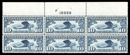 C10, 10c Lindbergh, full top margin plate no. 18999 block of six, incredibly well centered throughout, post office fresh and intact, o.g., n.h., extremely fine surprisingly
scarce in this choice quality.