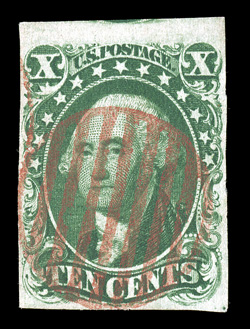 13, 10c Green, Ty. I, used, close to large margins, deep color and impression, bright red grid cancel, very fine 2002 PSE certificate.