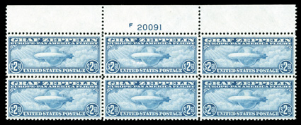 C13-15, 65c-$2.60 Graf Zeppelins cplt., a truly exciting set of full top margin plate number blocks of six that are, without question, the finest matched quality set of full
top plate blocks we have ever had the privilege to offer, as each p
