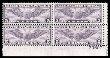 C16, 5c Winged Globe, an incredibly choice bottom right corner margin plate no. 20607 block of four, perfectly centered, strong and intact, o.g., n.h., an extremely fine
gem.