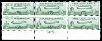 C18, 50c Graf Zeppelin, full bottom margin plate no. 21172 block of six, brilliantly fresh and well centered, o.g., n.h., very fine.