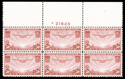 C22, 50c Carmine, an incomparable gem quality full wide top margin plate no. 21625 block of six, with an extra-wide sheet selvage, extraordinarily well centered, wonderfully
fresh, with strong and intact perforations, o.g., n.h., extremely fine