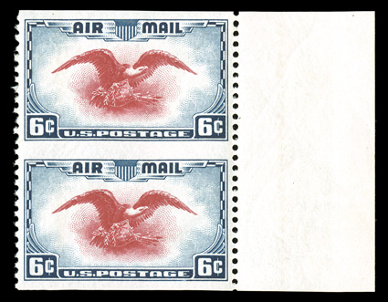 C23a, 6c Dark blue and carmine, imperforate horizontally, select right sheet-margin vertical pair, outstanding centering and large even margins, o.g., n.h., extremely
fine.
