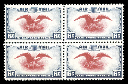 C23c, 6c Ultramarine and carmine, error of color, seldom seen center line block of four, exceptionally well centered for this, o.g., n.h., extremely fine accompanied by normal
for comparision each stamp signed Bruechig and Kessler.