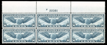 C24, 30c Winged Globe, phenomenal full top margin plate no. 22381 block of six, unimprovable centering, fresh and intact, o.g., n.h., an extremely fine gem.
