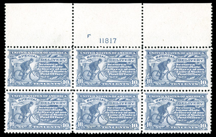 E11, 10c Ultramarine, full top margin plate no. 11817 block of six, choice centering and margins, fresh and intact, o.g., l.h., extremely fine.