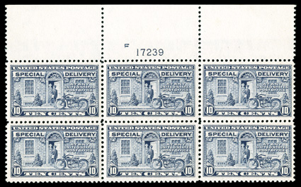 E12, 10c Gray violet, gorgeous full top margin plate no. 17239 block of six, post office fresh and intact, exceptionally well centered, rich color and sharp impression,
unblemished o.g., n.h., extremely fine ex-Salzman.
