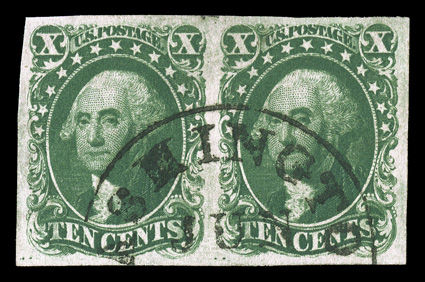 13 var., 10c Green, Ty. I, Curl in left X and double transfer, horizontal pair, positions 99-100R1, the left stamp with Curl in X variety and the right stamp showing a double
transfer at base, uniformly large margins all around, glorious