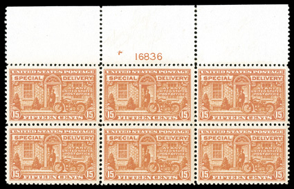 E13, 15c Deep orange, full top margin plate no. 16836 block of six, with gloriously rich color and crip impression, very well centered, pristine o.g., n.h., extremely fine and
quite choice.