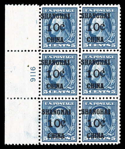 K5, 10c on 5c Blue, an especially choice wide left margin plate no. 9116 block of six, wonderfully well centered for this difficult value, with intense color on fresh white
paper, post office fresh and intact, unblemish o.g., n.h., extremely fin