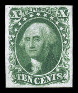 14, 10c Green, Ty. II, handsome unused example, featuring brilliantly rich color and a razor-sharp impression on fresh white paper, large balanced margins all around, extremely
fine 1972 and 1989 PF certificates.