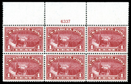 Q1, 1c Parcel Post, pristine full top margin plate no. 6337 block of six, strikingly intense and radiant color, extraordinarily well centered and margined, strong and intact
perforations all around, o.g., n.h., extremely fine an especially choi