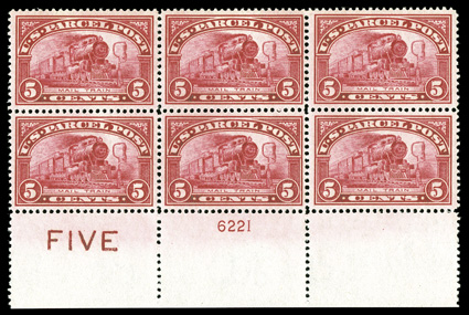 Q5, 5c Parcel Post, wide bottom margin FIVE and plate no. 6221 block of six, fresh and well centered, strong and intact, o.g., top center stamp l.h., the others all n.h., very
fine.