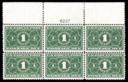 JQ1, 1c Dark green, full top margin plate no. 6227 block of six, nicely centered, deep luxuriant color, o.g., small h.r. reinforcement in the selvage only, the stamp n.h., very
fine ex-Salzman.