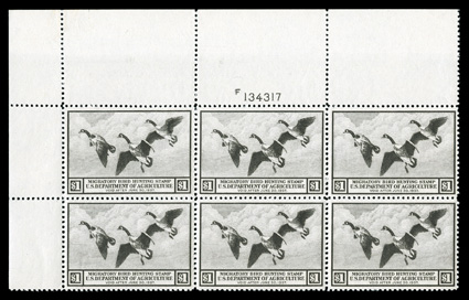 RW3, 1936 $1.00 Brown black, a visually stunning top left corner margin plate no. 134317 block of six, possessing extra-wide sheet selvages, plus it is incredibly well centered
throughout, post office fresh, with strong and intact perforations,