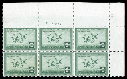 RW4, 1937 $1.00 Light green, an eye-catching top right corner margin plate no. 136267 block of six, with extra-wide sheet-margins, extraordinarily well centered as well, with
each stamp being precisely centered with balanced margins, fresh and i