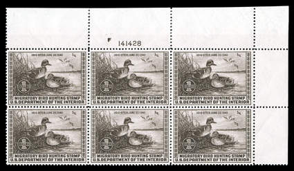RW6, 1939 $1.00 Chocolate, an impressive top right corner margin plate no. 141428 block of six, boasting truly outstanding centering, with each stamp being precisely centered
amid uniformly large margins, incredibly fresh and crisp with intact p