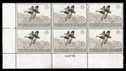 RW7, 1940 $1.00 Sepia, handsome and choice bottom left corner margin plate no. 143776 block of six, exceptionally well centered throughout, wonderfully fresh with strong and
intact perforations, o.g., n.h., extremely fine.
