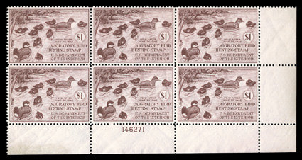 RW8, 1941 $1.00 Brown carmine, full bottom right corner margin plate no. 146271 block of six, remarkably well centered, lovely rich color, o.g., n.h., extremely fine an
especially choice plate block 2004 PSE certificate.