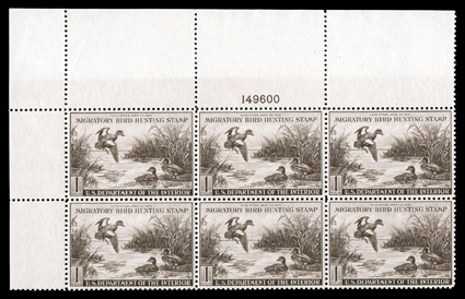 RW9, 1942 $1.00 Violet brown, a visually appealing top left corner margin plate no. 149600 block of six, with extra-wide sheet selvages, particularly well centered, strong and
intact perforations, o.g., n.h., extremely fine and handsome.
