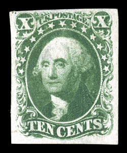 14, 10c Green, Ty. II, scarce mint single, with four mostly large margins, strong color and impression, large part o.g., small thin, very fine appearance 2006 PF
certificate.