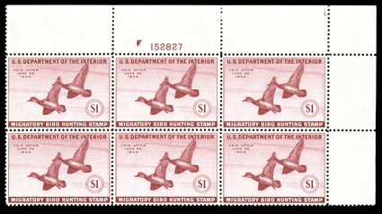 RW10, 1943 $1.00 Deep rose, select top right corner margin plate no. 152827 block of six, beautifully centered, post office fresh and intact, o.g., n.h., extremely
fine.
