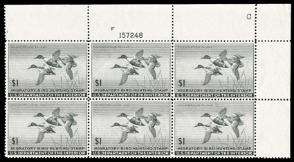 RW12, 1945 $1.00 Black, top right corner margin plate no. 157248 block of six, fresh and intact, excellent centering, o.g., n.h., extremely fine.